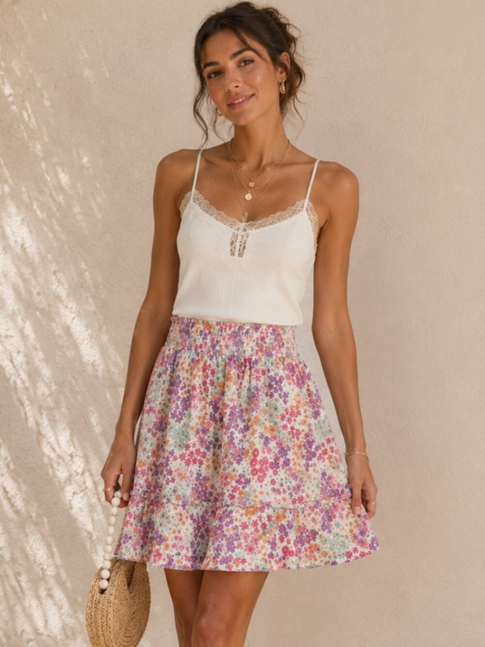 Fei Anthropologie Floral Smocked Tiered Mini Skirt Lined Boho Size L